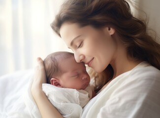 Obraz na płótnie Canvas close up portrait of happy young mother holding sleeping newborn baby