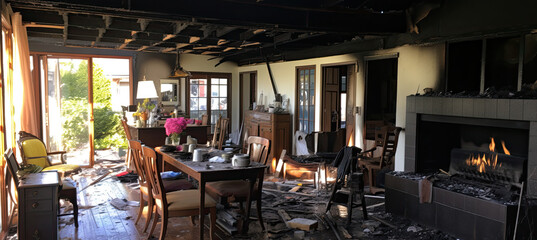 Indoor view, house Fire Damage after fire ends