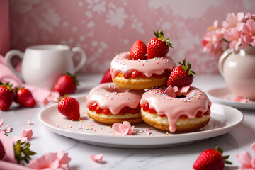 Delightful Decadence Twin Fluffy Strawberry Donuts Adorned on a Plate with Exquisite Decor