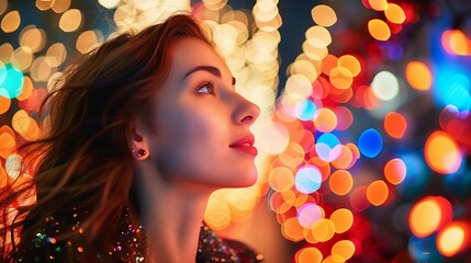 A beautiful woman looks up at the colorful lights of festival, her face illuminated by their glow.