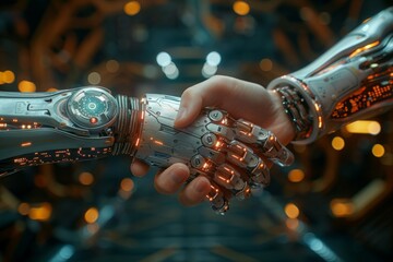 handshake of a human and a robot close-up. Shaking hands with a digital partner. - obrazy, fototapety, plakaty