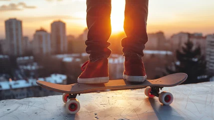  Close up of a young man's legs in jeans and red sneakers standing on a skateboard at sunset. © Evodigger