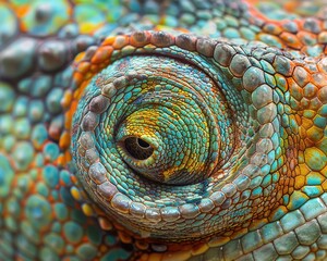 A macro shot of a chameleons skin focusing on the color-changing scales and texture