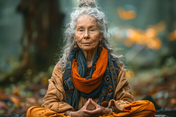 An elderly spiritual woman practicing yoga in the forest sits in the lotus position and meditates.