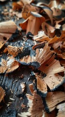 A macro view of pencil shavings focusing on the textures and colors of wood and graphite