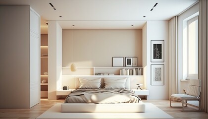 Fototapeta na wymiar Interior of minimalist houses beige bedroom
