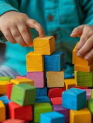 A child is playing with a stack of wooden blocks