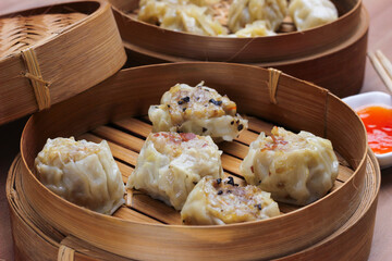 Various Dim Sum in Bamboo Steamed container