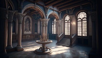 Large hall of medieval palace in gothic style. - obrazy, fototapety, plakaty