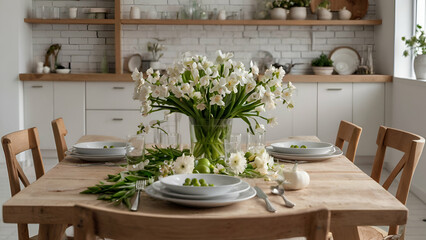 Fototapeta premium Spring-Themed Dinner Table in White Kitchen with Fresh 1