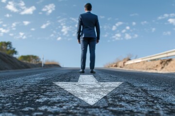 Businessman standing on the asphalt road with white arrow showing forward, motivation concept