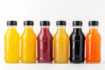 bottles of natural vegetable or fruit juices with black caps without labels isolated on a white background