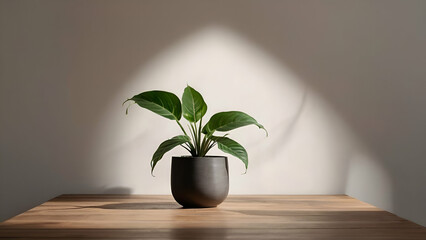 Plant on Wooden Table Against White Empty Wall with Co 0







