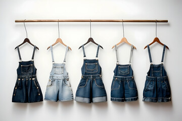 A line-up of tiny denim overalls and dainty dresses on miniature hangers,