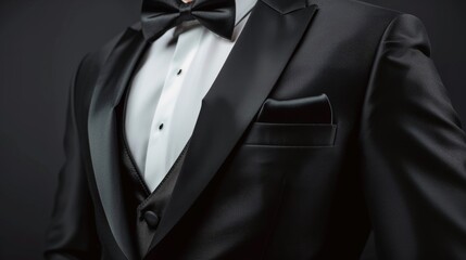 A man in a black suit with a black bow tie - obrazy, fototapety, plakaty