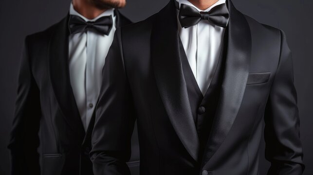 Two men in black suits and ties, one of them wearing a black bow tie