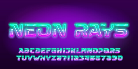 Neon Rays alphabet font. Neon color futuristic letters and numbers. Stock vector typescript for your design.