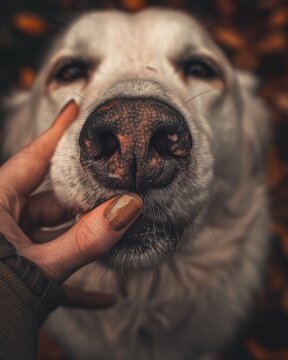 A dog is sleeping with its nose on a person's hand