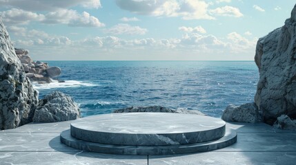 A large, round stone platform sits on a rocky shoreline overlooking the ocean