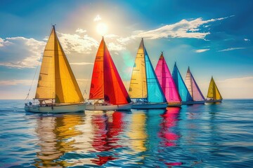 A picturesque scene of a sailing regatta with colorful sails against the ocean