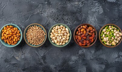 A row of bowls filled with different types of nuts and seeds