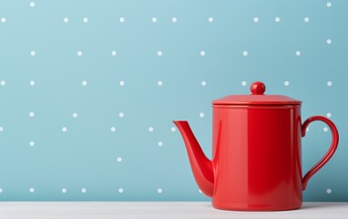 red teapot on the table on a blue background. copy space.