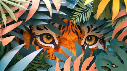 A jungle scene with a hidden tigers eyes peering through the paper foliage