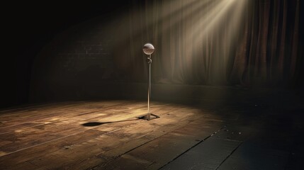 A microphone on an empty stage with a single spotlight symbolizing the power of voice and expression - obrazy, fototapety, plakaty
