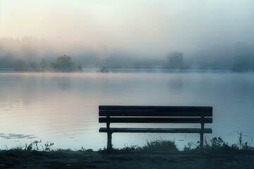 Obraz premium A solitary bench overlooking a misty lake at dawn inviting contemplation and peaceful thought