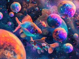 Spectacular image of a space aquarium with fish swimming in zero gravity, their scales reflecting rainbow hues among planets