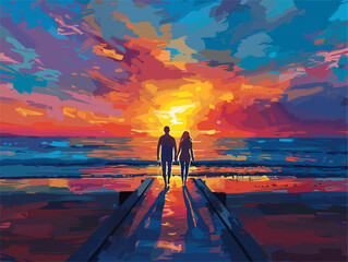  A young couple strolls hand-in-hand along a beach boardwalk watching the sun set over the ocean painting the sky in vibrant hues.  - obrazy, fototapety, plakaty