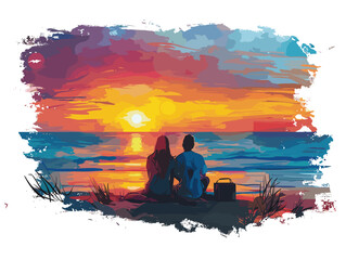  A couple enjoys a romantic picnic on the beach watching the sunset paint the sky in vibrant colors. 