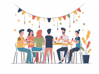  A group of friends gather at a local restaurant enjoying a special Independence Day menu and celebrating with festive decorations. 