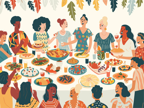  A community gathers for a potluck dinner sharing dishes from diverse cultural backgrounds celebrating the nation's melting pot identity. 