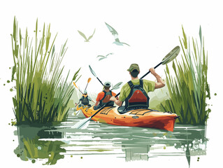  A group of kayakers paddle through a peaceful marsh observing diverse birdlife and the serene beauty of nature. 