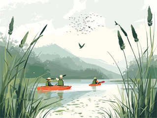  A group of kayakers paddle through a peaceful marsh observing diverse birdlife and the serene beauty of nature. 
