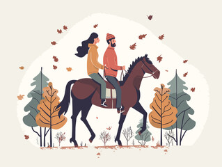  A couple takes a horseback ride through a scenic forest soaking in the tranquility of the natural surroundings. 