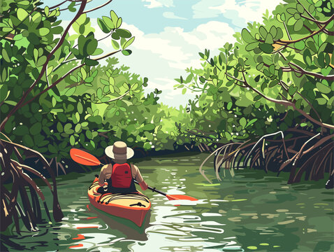  A solo kayaker paddles through a mangrove forest navigating the intricate network of waterways and observing the diverse wildlife that thrives in this ecosystem. 