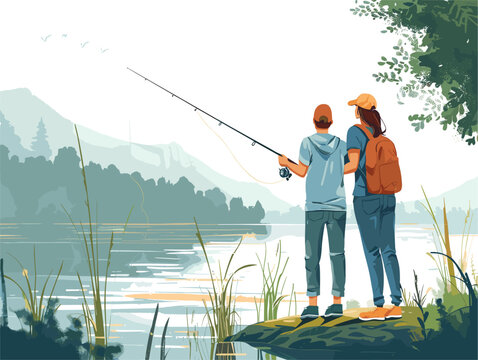  A couple enjoys a leisurely afternoon fishing on a lake casting their lines enjoying the tranquility and appreciating the beauty of the surrounding nature. 