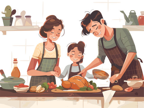  A family works together to prepare a big holiday meal each member contributing their culinary skills and enjoying the shared experience. 