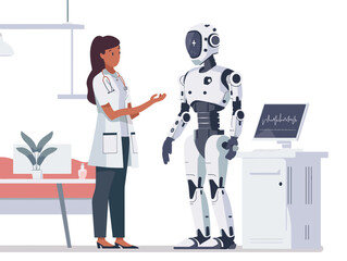 Obraz premium A doctor performs a remote operation using a telepresence robot offering medical care to patients across vast distances. 