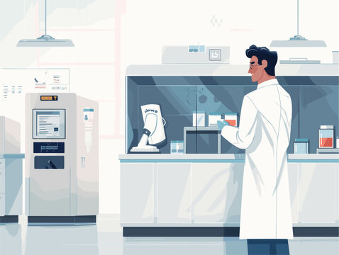  A scientist in a sterile lab observes a bioengineered creature in a containment unit studying its unique characteristics and potential benefits. 