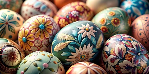 Fototapeta na wymiar Close up easter egg, beautifully painted in floral traditional motifs