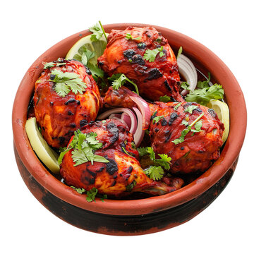  front view of delicious-looking Tandoori Chicken in a traditional clay tandoor, food photography style isolated on a white transparent background 