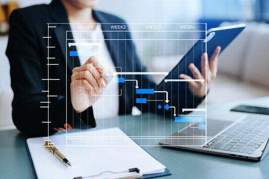 Project manager working and update tasks with milestones progress planning and Gantt chart scheduling diagram..