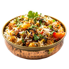  front view of scrumptious Kathal Biryani in an antique brass plate, food photography style isolated on a white transparent background .
