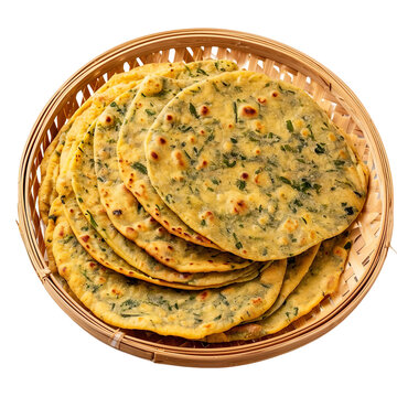  front view of scrumptious Methi Khakra on a traditional bamboo plate, food photography style isolated on a white transparent background 