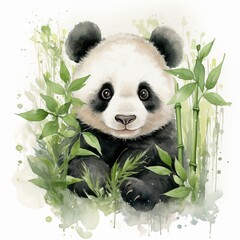 Clumsy panda cub, bamboo grove, watercolor greens, endearing tumble, cute