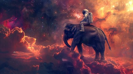 Astronaut riding an elephant through the cosmos nebula backdrop