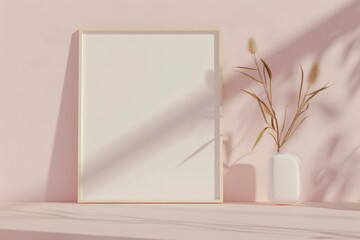 A clean and simple poster mockup against a soft pink wall, accompanied by a slender potted plant casting delicate shadows